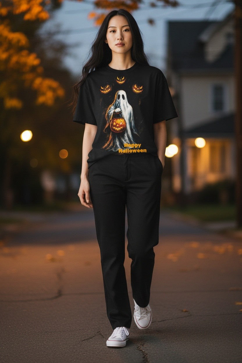 Happy Halloween Ghost T-Shirt – Spooky Pumpkin Design