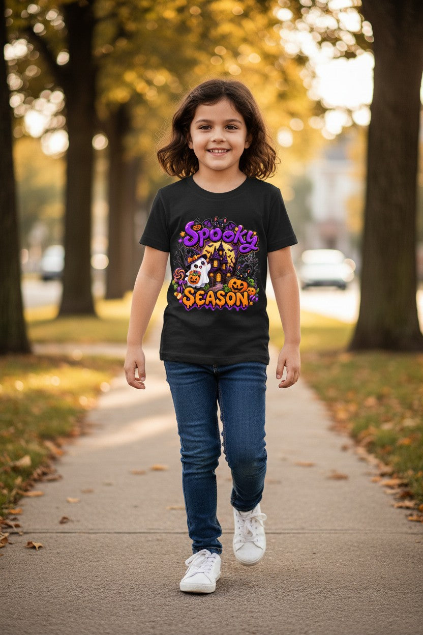 Spooky Season Kids Halloween T-Shirt – Cute Ghost & Pumpkin Design