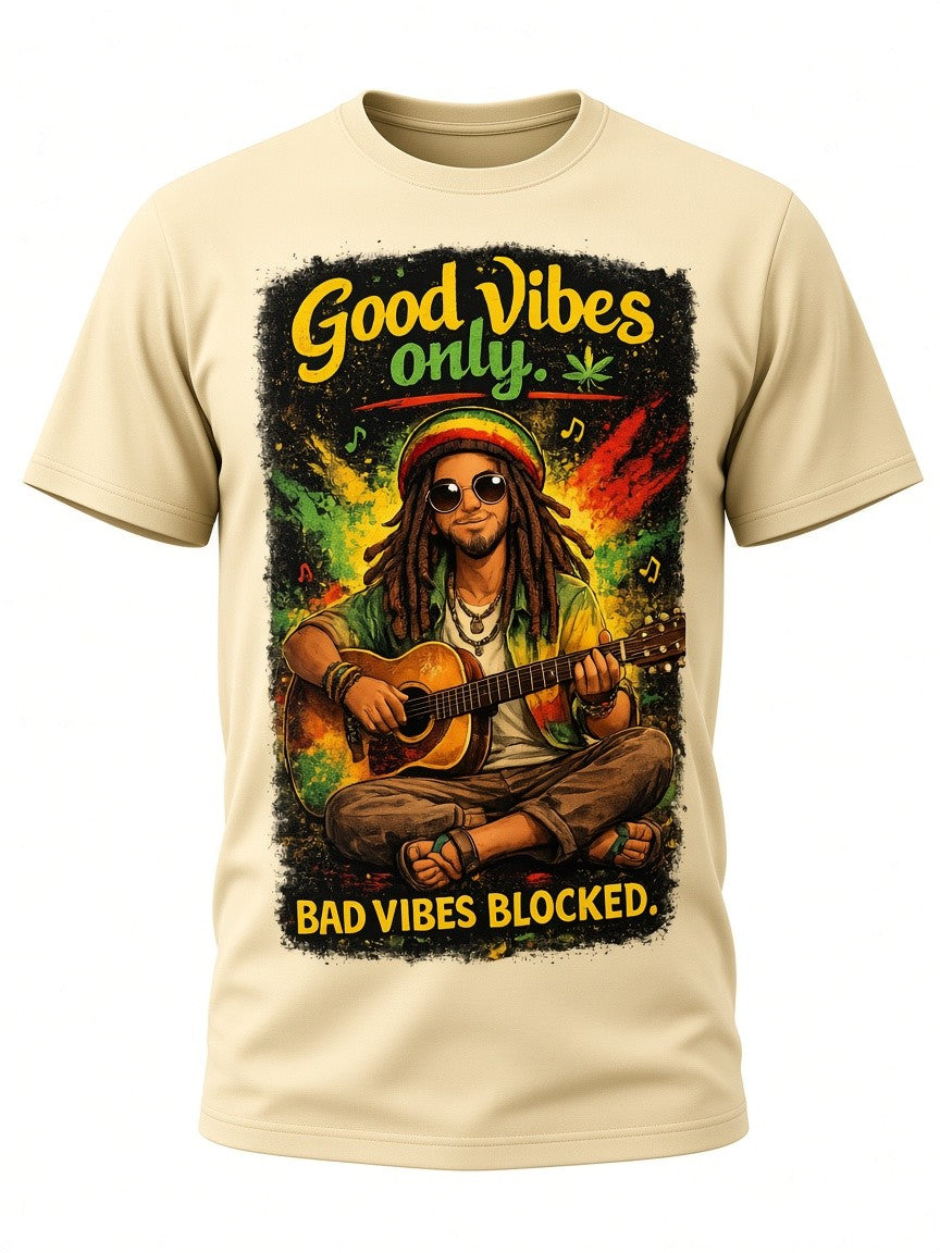 Good Vibes Only Reggae T-Shirt – Bad Vibes Blocked Design