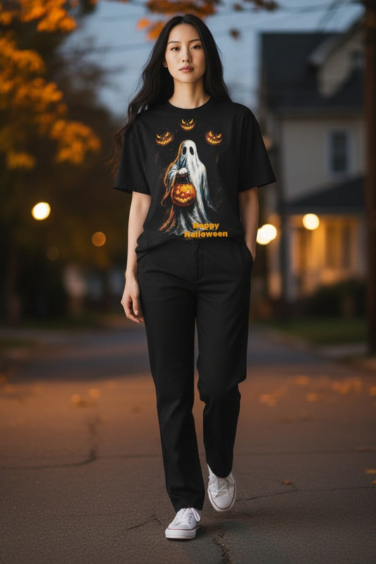 Happy Halloween Ghost T-Shirt – Spooky Pumpkin Design