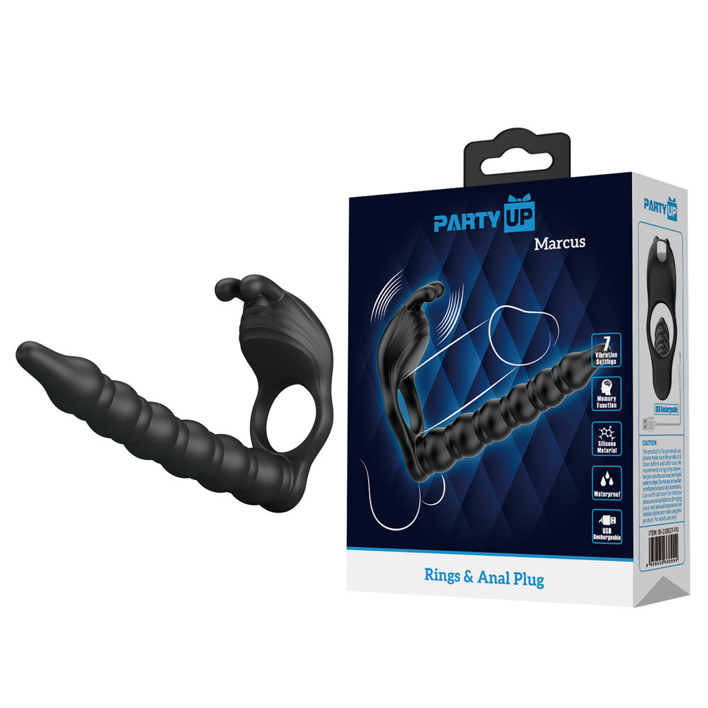 Party Up MARCUS Ring & Anal Plug - Black USB Rechargeable Vibrating Cock Ring with Double Penetrator