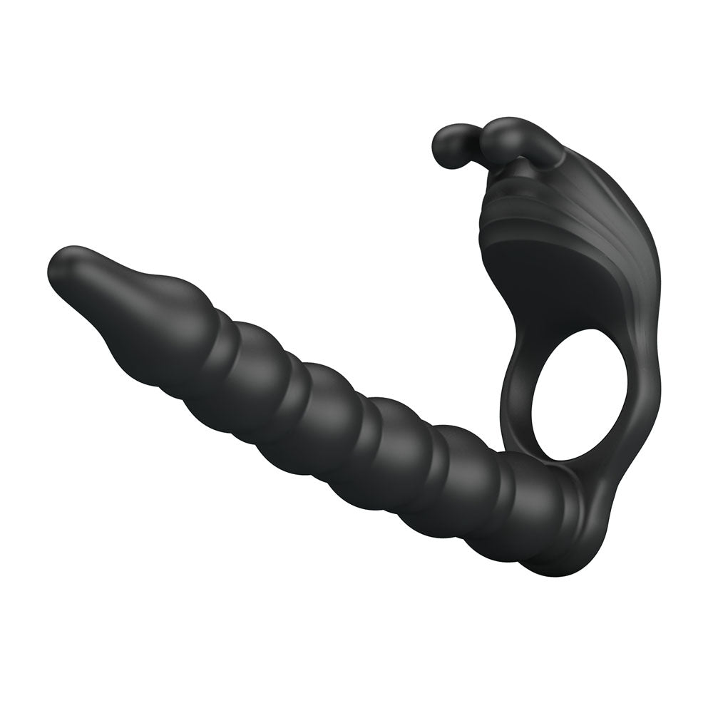 Party Up MARCUS Ring & Anal Plug - Black USB Rechargeable Vibrating Cock Ring with Double Penetrator