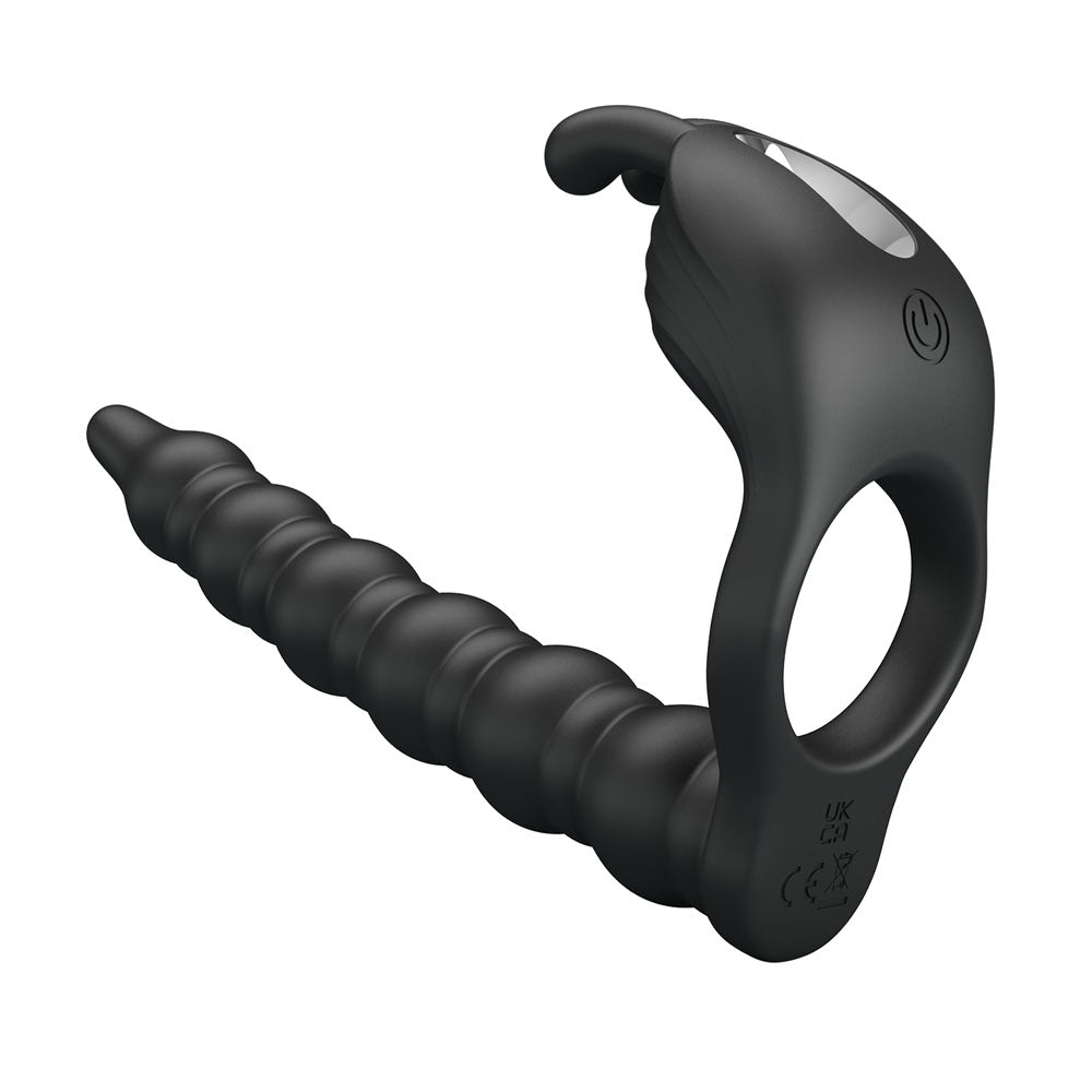 Party Up MARCUS Ring & Anal Plug - Black USB Rechargeable Vibrating Cock Ring with Double Penetrator