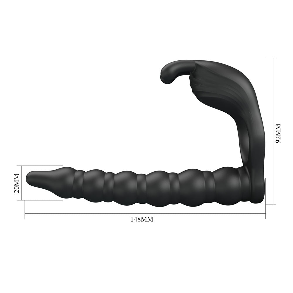 Party Up MARCUS Ring & Anal Plug - Black USB Rechargeable Vibrating Cock Ring with Double Penetrator