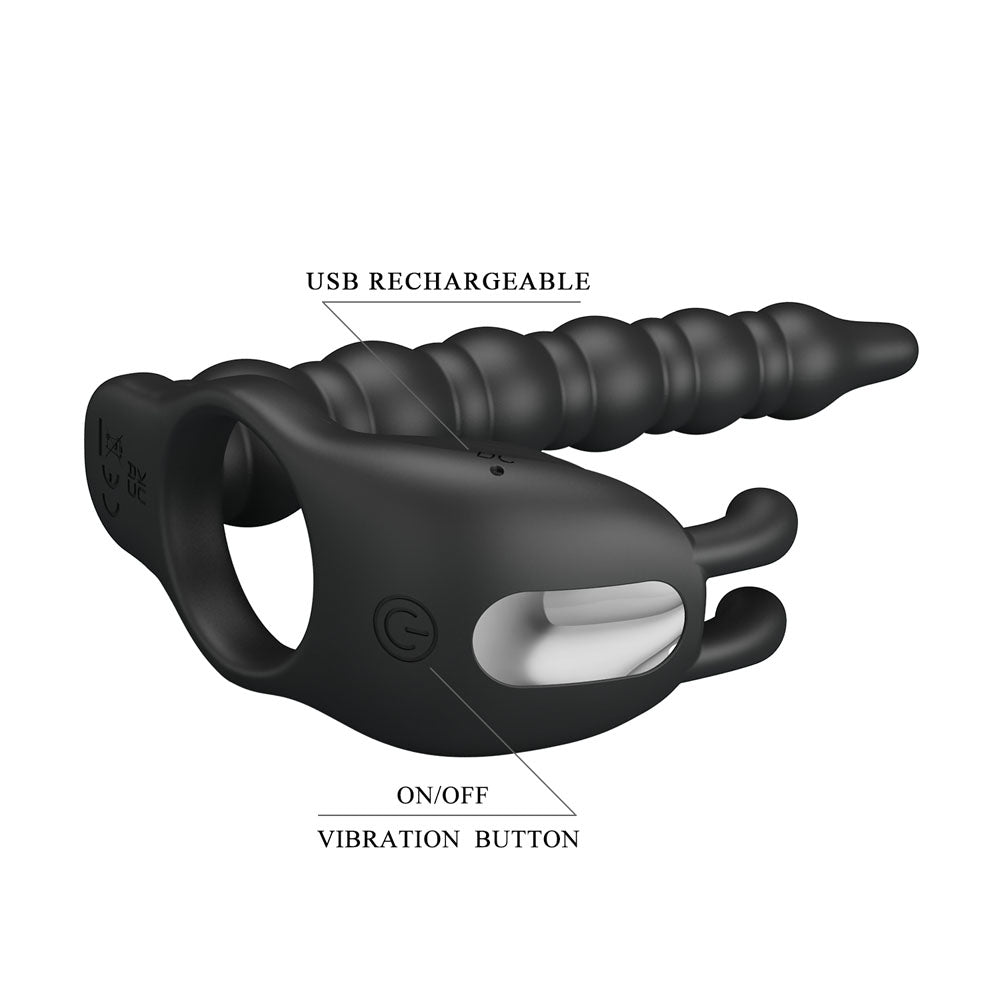 Party Up MARCUS Ring & Anal Plug - Black USB Rechargeable Vibrating Cock Ring with Double Penetrator