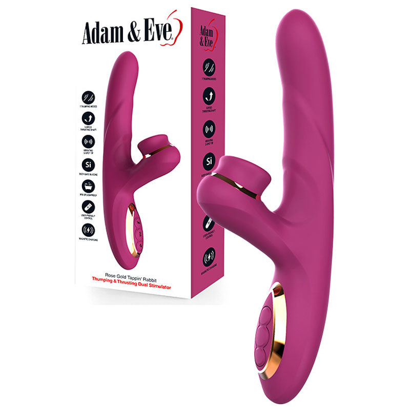 Adam & Eve ROSE GOLD TAPPIN RABBIT - Purple 22.5 cm USB Rechargeable Tapping & Thrusting Rabbit Vibrator