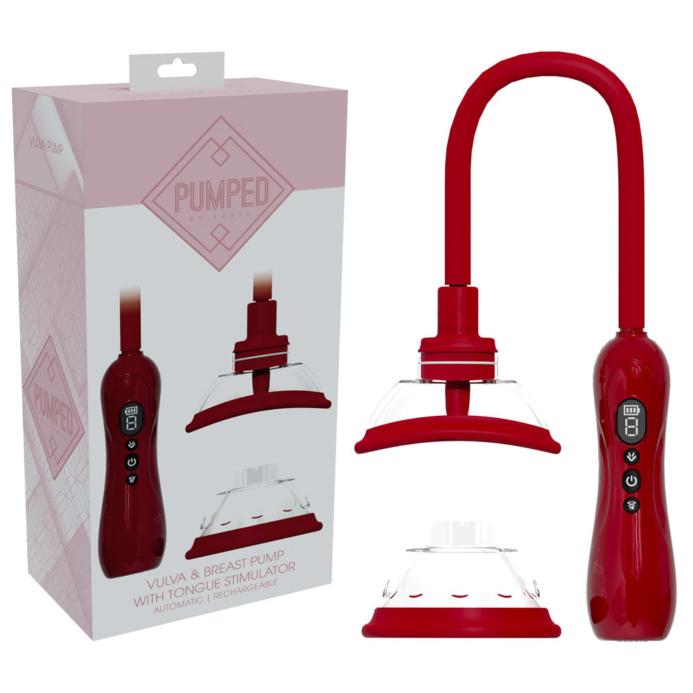 PUMPED Vulva & Breast Pump with Tongue Stimulator - Red - Red USB Rechargeable Ladies Pump Set