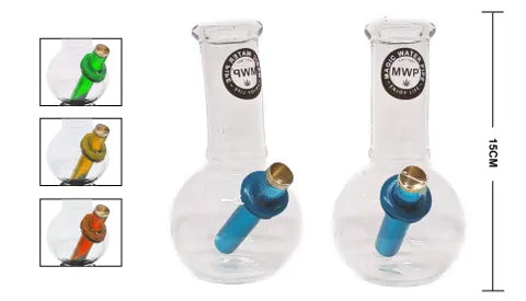 Glass smoking device with blue accents and 'MWP' branding, shown from multiple angles with a measurement scale.